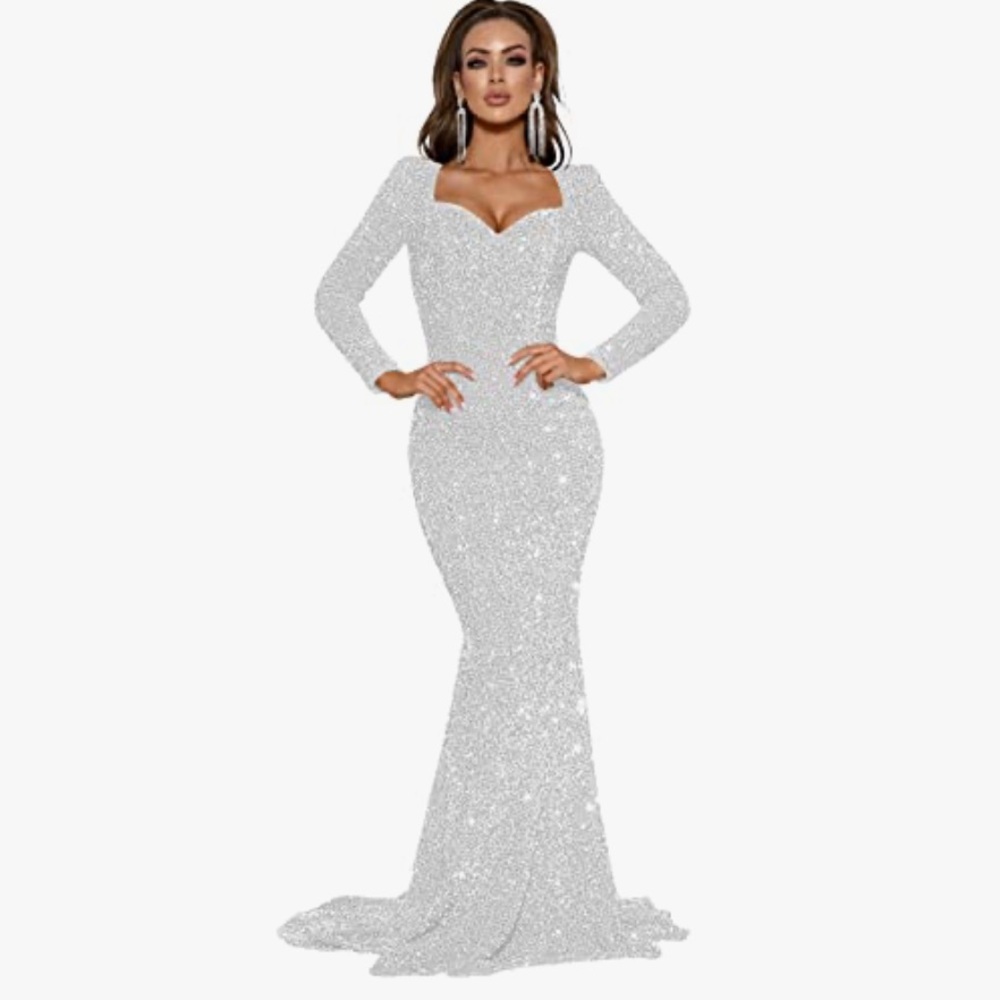 Amazon White and Silver Sequin Prom Gown